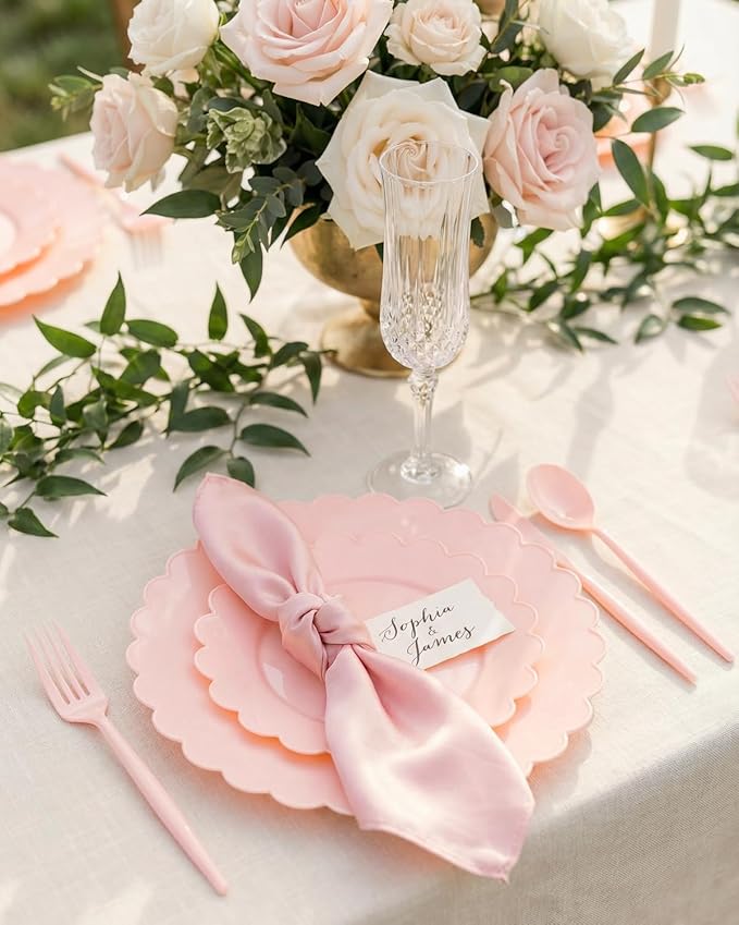 WONDERFUL 150 Pcs Pink Plastic Plates Disposable Plastic Dinnerware Set Pink Plate and Silverware Set Disposable Plates for Party Wedding & Bridal Shower Party Mothers Day Decor 30 Guests