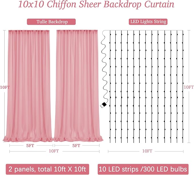 10ft x 10ft Dusty Rose Chiffon Backdrop Curtain with Lights String for Parties,2 Panels Sheer Tulle Curtain Wedding Photo Backdrop with Lights for Baby Shower Birthday Party Ceremony Home Decorations