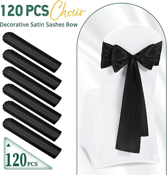 120 PCS Black Satin Chair Sashes, Ties Bows Designed Chairs Decorative, Chair Cover Sashes for Thanksgiving Wedding Christmas Banquet Party Home Kitchen Decoration (7 x 108 inch)