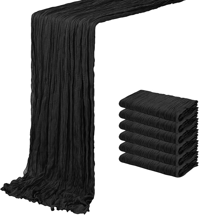 6 Pack Black Cheesecloth Table Runner 20 x 120 inch Gauze Table Runners 10 FT Long,Semi Sheer Boho Cheese Cloth Fabric Table Runner Bulk for Wedding,Party,Baby Shower,Bridal Shower Decoration