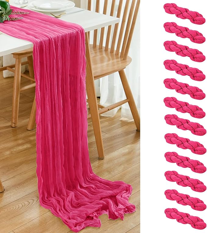 12 Pack Hot Pink 10 Ft Cheesecloth Table Runner 21x120 Inch Boho Wrinkled Sheer Romantic Gauze Decor for Wedding, Bridal Shower, Birthday Party