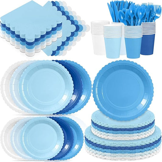 Zhehao 175 Pcs Blue Party Supplies Set Blue Disposable Tableware Kit with Plates, Cups, Napkins, Cutlery Ocean Sea for Shark Pool Baby Shower, Birthday, Wedding Forest Events