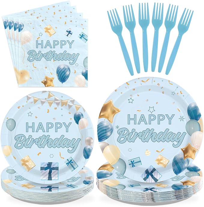 96Pcs Light Blue Birthday Decorations Preschool Graduation Blue Gold Plates and Napkins Tableware Set Happy Birthday Decorations for Boys Girls Father Baby Shower Pres-k Graduation Supplies Serves 24