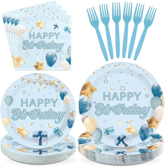 96Pcs Light Blue Birthday Decorations Preschool Graduation Blue Gold Plates and Napkins Tableware Set Happy Birthday Decorations for Boys Girls Father Baby Shower Pres-k Graduation Supplies Serves 24