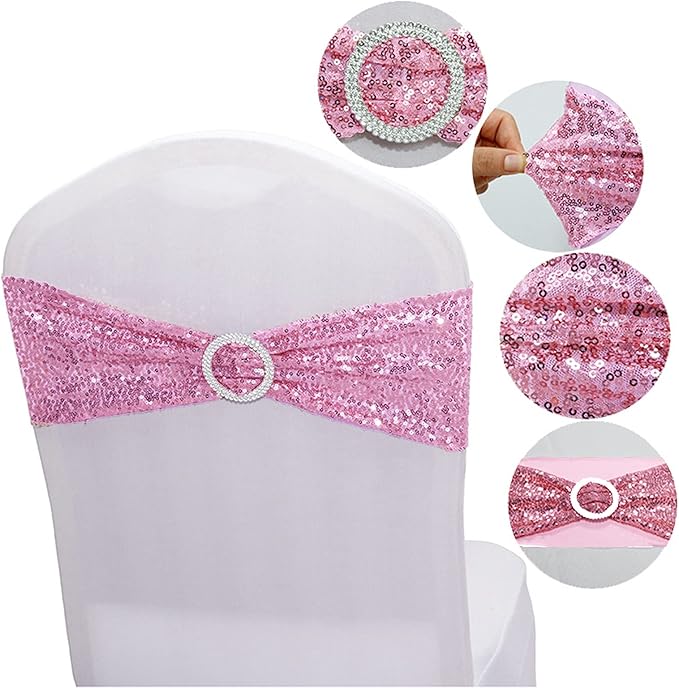 10 PCS Stretch Sequin Chair Sashes Chair Stretchy Spandex Bands for Wedding Reception Events Banquets Chairs Decoration (Pink)