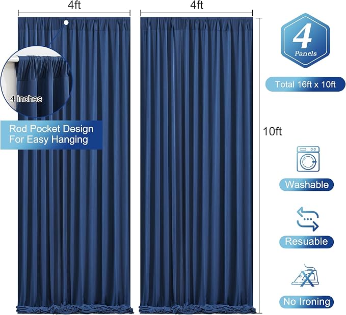 Navy Blue Backdrop Curtains - Wrinkle-Free Polyester Photography Drapes for Wedding, Baby Shower, Birthday, Graduation Party Decorations - 16 X 10FT