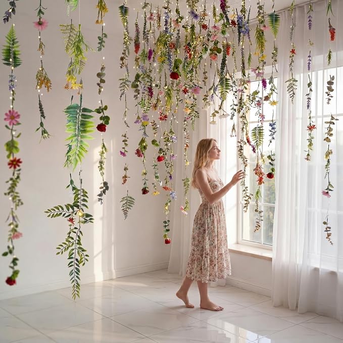 Suncalla 6 Pack 35.4ft Fake Flower Garland Backdrop with LED Lights Hanging Wildflower Floral Vine Decorations for Wedding Bridal Shower Birthday Baby Shower Party Backdrop(Fresh,Multicolor)