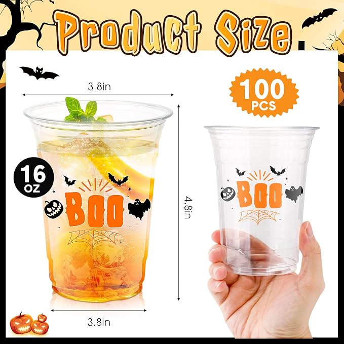 100 Pcs Halloween Plastic Cups Bulk 16 oz Disposable Halloween Boo Party Cups Spooky Clear Plastic Glasses for Trick or Treat Scary Party Supplies Cold Drinks