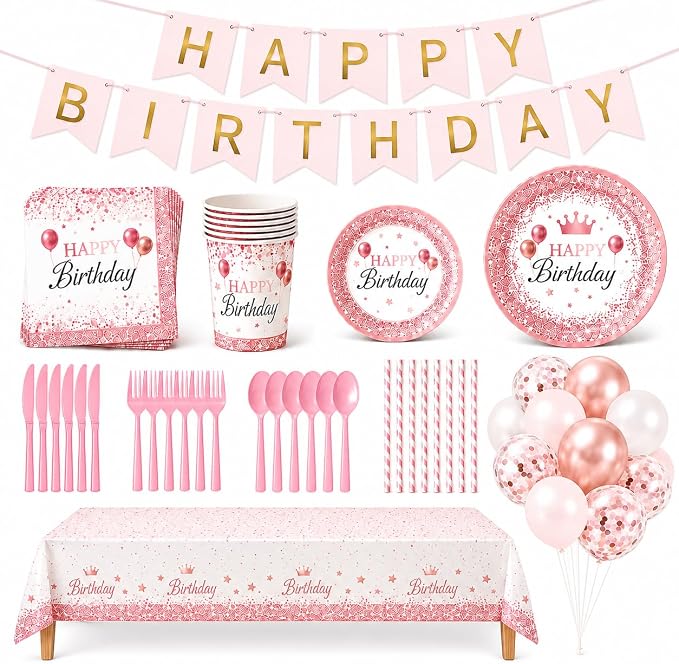 212Pcs Pink Birthday Party Supplies Set, Disposable Plates Napkins Cups Cutlery Tableware Kit with Balloons Banner Tablecloth, Serve 24 Guests for Girls Women Baby Shower Decorations