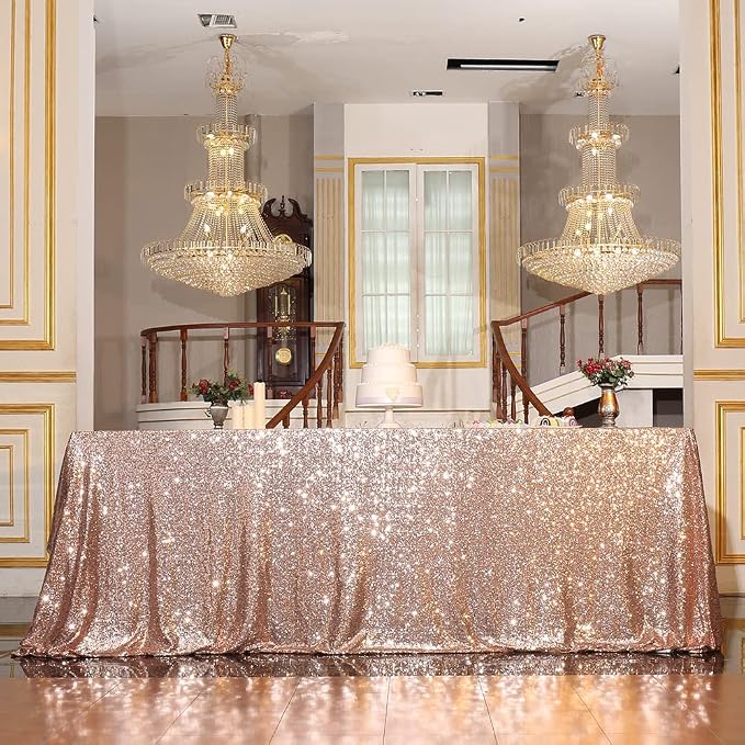 Eternal Beauty Rose Gold Tablecloth, 90x156 Inch Sequin Rectangle Table Cover for Valentines Cake Dessert Exhibition Party Birthday Events