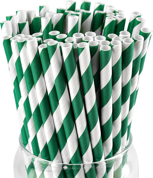 PakTalk [100 Pack] Green Straws, Disposable Paper Straws Green and White Striped for Cocktails, Milkshake, St. Patrick and Christmas Party (0.24" x 7.75")