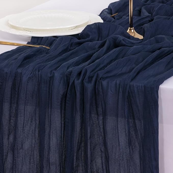Socomi 3pcs Navy Blue Summer Cheesecloth Table Runner Boho Rustic Gauze 120 inch 10FT Cheese Cloth Sheer Runner for Wedding Party Baby Shower Birthday Home Decor Holiday Decorations