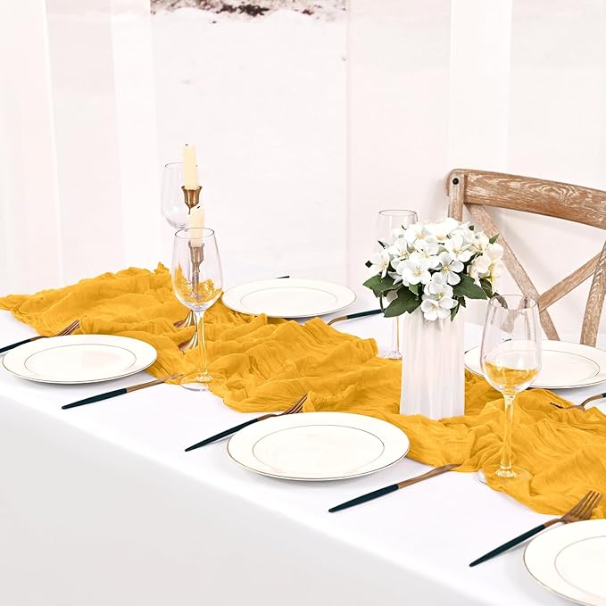 8 Pack Mustard Cheesecloth Table Runner 10FT Boho Gauze Cheese Cloth Table Runner Rustic Sheer Fabric Table Runners for Wedding Bridal Shower Baby Shower Party(21.5×120 Inch)