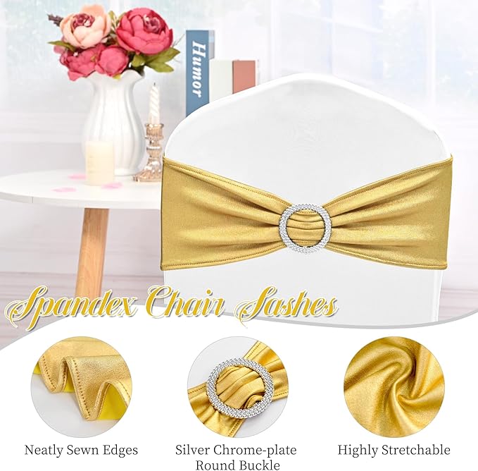 100 PCS Spandex Chair Sashes Bows Premium Stretch Chair Cover Band with Buckle Slider Universal Elastic Chair Ties for Wedding Party Ceremony Events Reception Banquet Decoration (Metallic Gold)