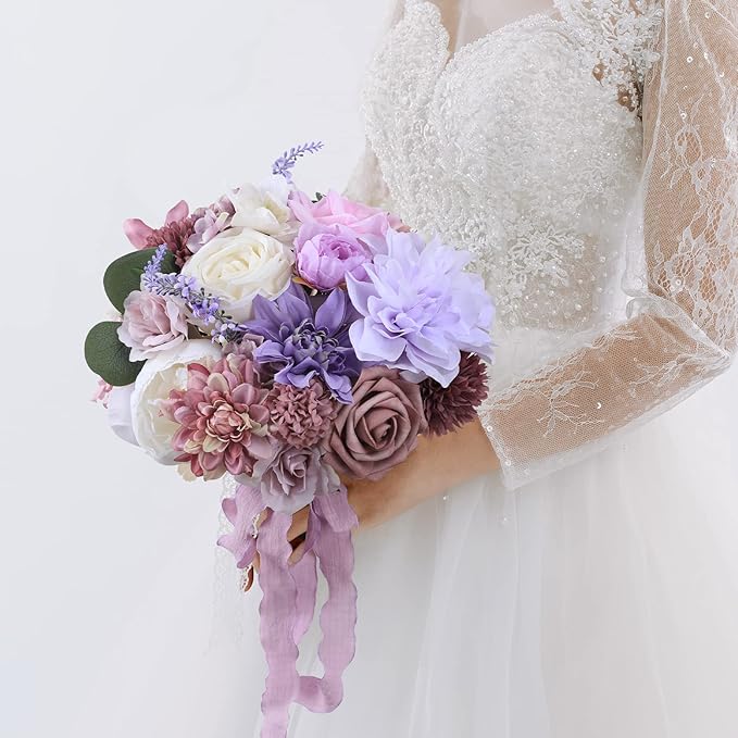 Garisey Artificial Flowers Combo for DIY Wedding Bouquets Combo Centerpieces Arrangements Party Bridal Baby Shower Home Decorations-Purple