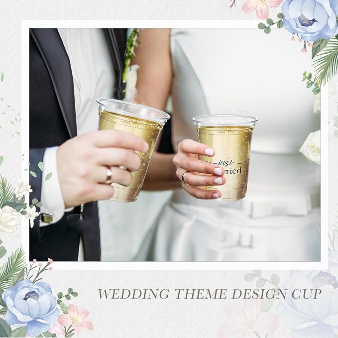Jingmore 100 Pcs Wedding Plastic Cup 12 oz Wedding Disposable Cups for Reception Thick Clear Cup Happily Ever After Mr and Mrs Just Married Cups for Bridal Shower Decorations (White Floral)