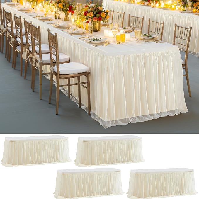 Tulle Tablecloth Table Skirt for 6 Foot Rectangle Tables Table Covers with Ruffle Tutu Table Skirt for Wedding Reception Party Birthday, Champagne, 4 Pack, 6ft Table Cloth