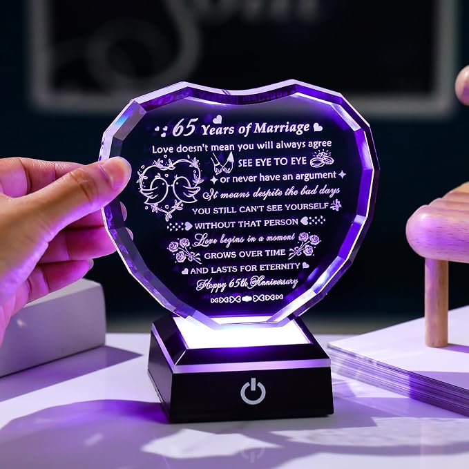 Arikyrist 65th Wedding Anniversary Crystal Gifts for Couple Parents, Happy 65th Anniversary Heart Keepsake Decorations Gifts for Wife Husband, Romantic 65 Years of Marriage Gift for Him Her Friends