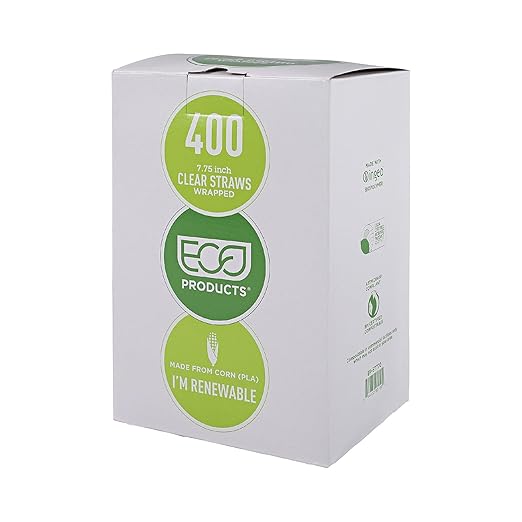 Eco-Products Compostable Paper Wrapped Plastic Straws, 7.75" Long, 5mm Diameter, Box of 400, Clear Disposable Plant Based PLA Plastic, Standard Sized Drinking Straws, ASTM Compliant, BPI-Certified