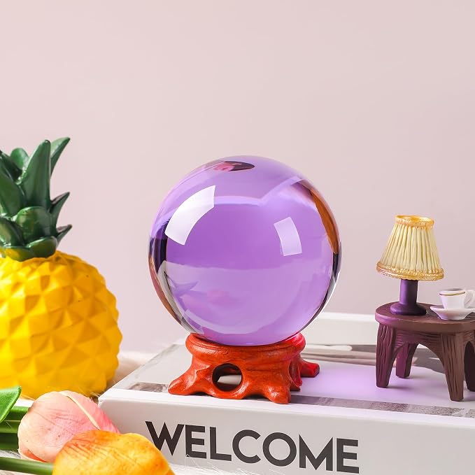 Purple 100mm/3.9 inch Large Crystal Ball with Rose Wooden Stand and Gift Box for lensball Photography,Fortune Teller,Feng Shui, Witchcraft Decor,Scrying,Magic,Quartz Crystal Orb Prop Glass Sphere