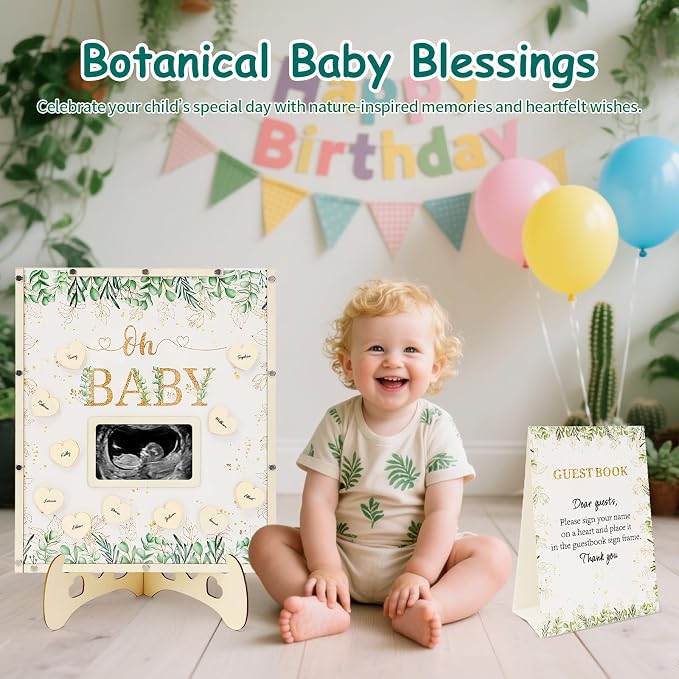 Sage Green Baby Shower Decorations, Guest Book Alternatives with Four Leaf Clover Pen, 60 Heart Wood Slices for 60 Guests, Boy or Girl Gender Reveal Decorations