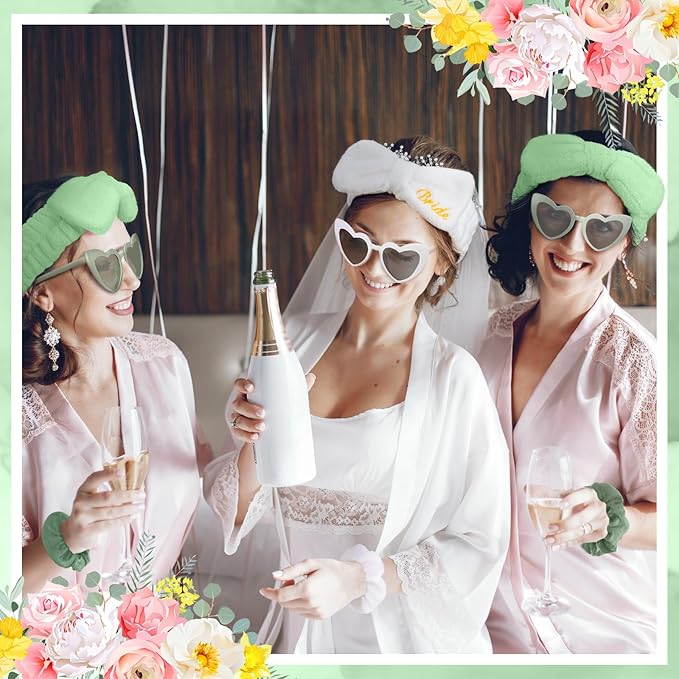 Geiserailie 36 Pcs Bachelorette Party Accessories 12 Bride Spa Headbands 12 Bridesmaid Scrunchies Ties 12 Bachelorette Sunglasses Bridesmaids Proposal Gifts for Wedding Party Favors (Green)