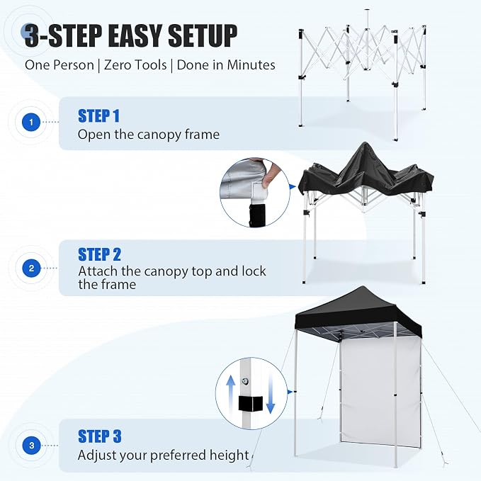 EAGLE PEAK Pop up Canopy 5x5, Outdoor Portable Canopy Tent with One Removable Sunwall, Carry Bag Included, Black