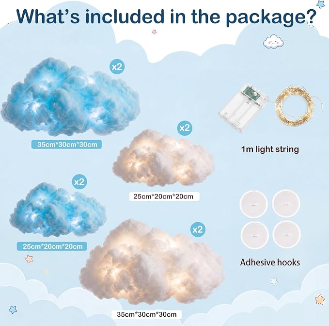 Lewtemi 8 Pcs Artificial Cloud Props with Lights 3D Fluffy Cotton Clouds Decorations 2 Sizes Hanging Clouds with Strings Hooks for Ceiling Room Wedding Party Classroom DIY Kit(White and Light Blue)