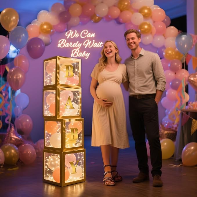 Ledido Transparent Balloon Boxes, Clear Balloon Boxes with 5 Pcs String Lights and 78 Letters for Baby Shower Gender Reveal 2026 New Year Grad Party Birthday Anniversary Bridal Decor - 5 Gold Boxes
