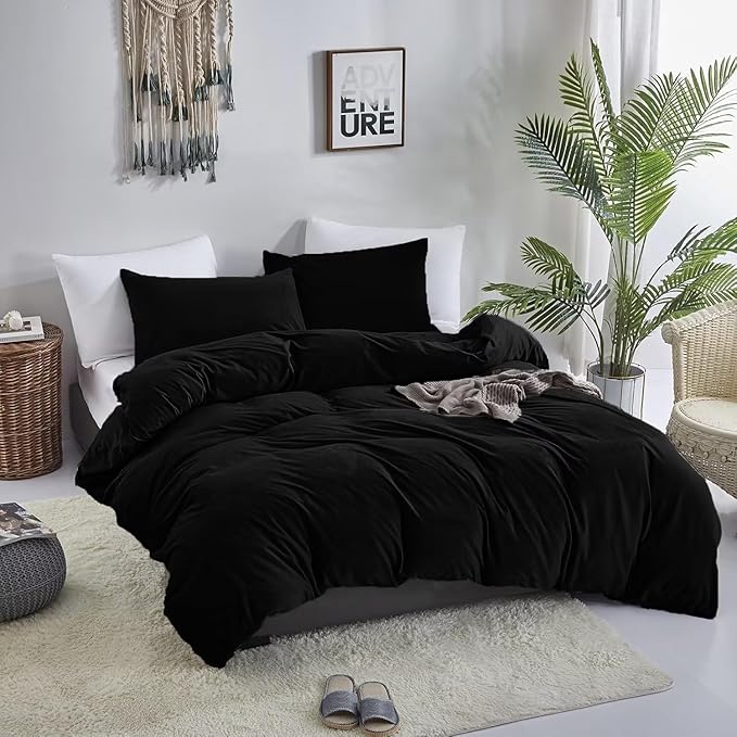 KAREVER Black Velvet Comforter Set - Full Flannel Bedding Comforter Set with 3 PCs Warm Soft Solid Black Winter Blanket