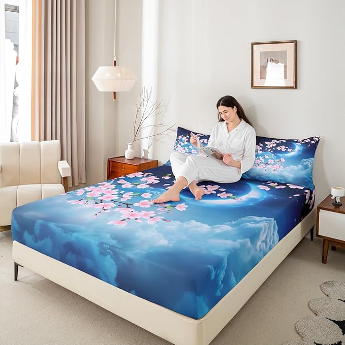 Castle Fairy Moon Fitted Sheet Set with 2 Pillowcase,Pink Cherry Blossom Bright Moon Planet,Soft Cool Hotel Top Flat Sheet Luxury Microfiber,Queen Size