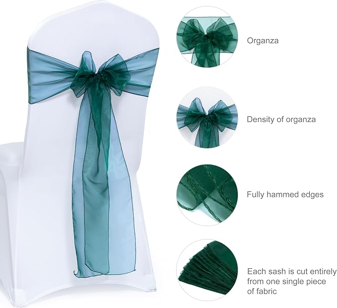 MDS® Pack of 200 Organza Chair Sashes for Wedding Decoration, Reusable Sheer Chair Bows for Banquet Chair Cover, Reception, Bridal Shower, Baby Shower, Birthday Party & Special Events - Hunter Green