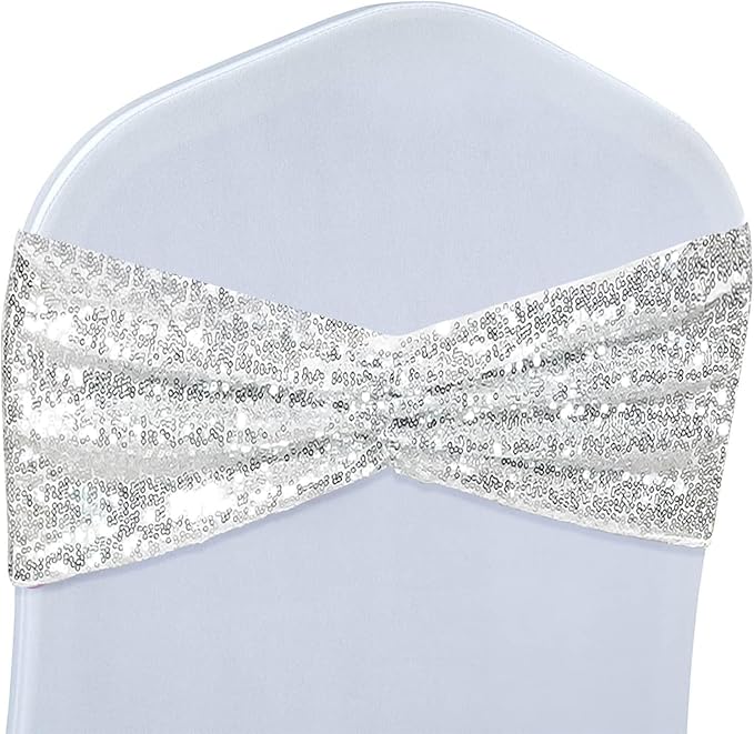 Poise3EHome Set of 50 Stretch Sequin Chair Sashes Silver One-Sided Sequins Decorative Bands for Wedding Party Event Chair Covers