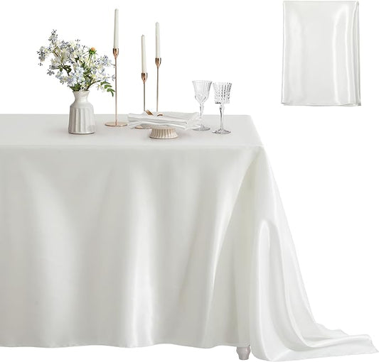 1 Pack Satin Table Cover Rectangle Silkly Soft Table Cloth, Satin Dining Table Cloths for Wedding Banquet Table Decoration, Dining Room, Indoor and Outdoor Use, 60 x 102 Inches, Off White