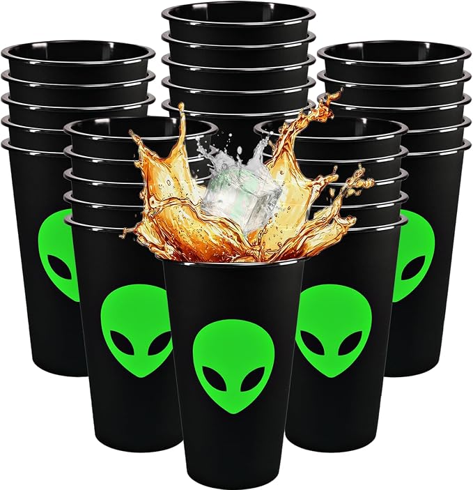 25 PCS 16 oz Space Alien Plastic Cups For Space Alien Themed Party Decorations Plastic Drinking cups UFO Theme Birthday Party Supplies