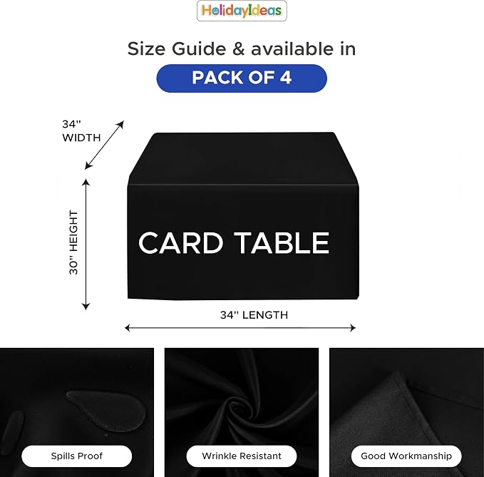 HolidayIdeas 34x34 inch Black Craft Shows Restaurant Fitted Tablecloth 4Pcs | Wrinkle resistant table covers; bulk quantity pack for professional trade exhibition displays or vendor booths