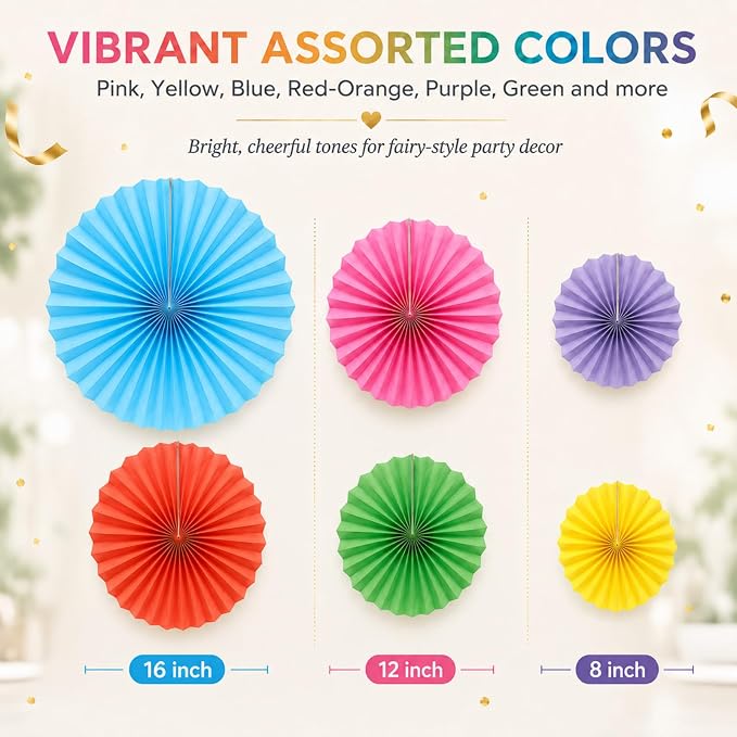 6 Pack Colorful Hanging Paper Fans, Round Pattern Paper Garlands Vibrant Fiesta Pinwheels for Birthday, Back to School Classroom Decor, Baby Shower, Graduation, Wedding Holiday Celebrations