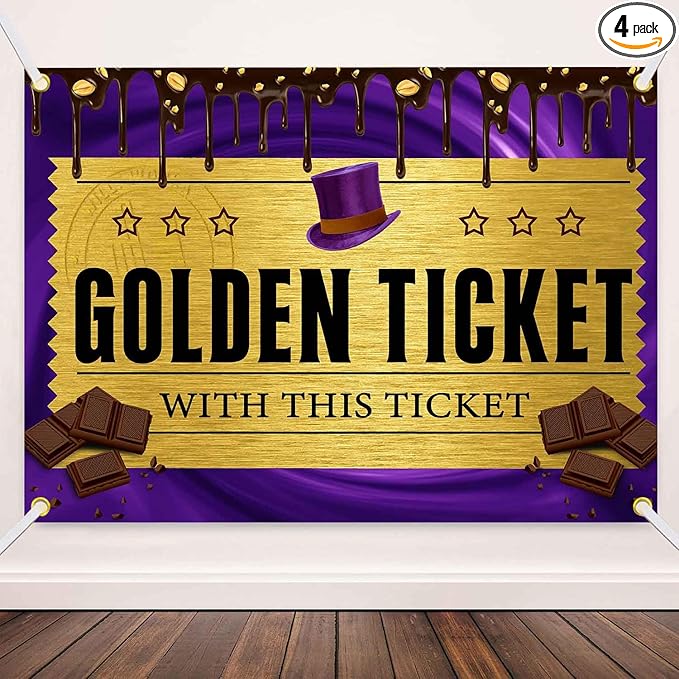 6x4FT Golden Ticket Banner Chocolate Factory Backdrop Purple Chocolate Factoy Kids Birthday Party Background for Adults Kids Birthday Baby Shower Party Decorations Supplies TAYHBDJ106