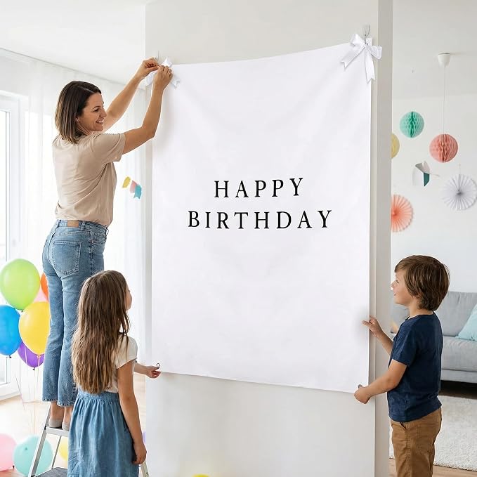 Oudain 60x78 Inch Happy Birthday Burlap Banner, Fabric Party Decorations Backdrop, Boho Rustic Photo Props Sign with Hanging String for Birthday Party Indoor Outdoor Yard Wall Decor