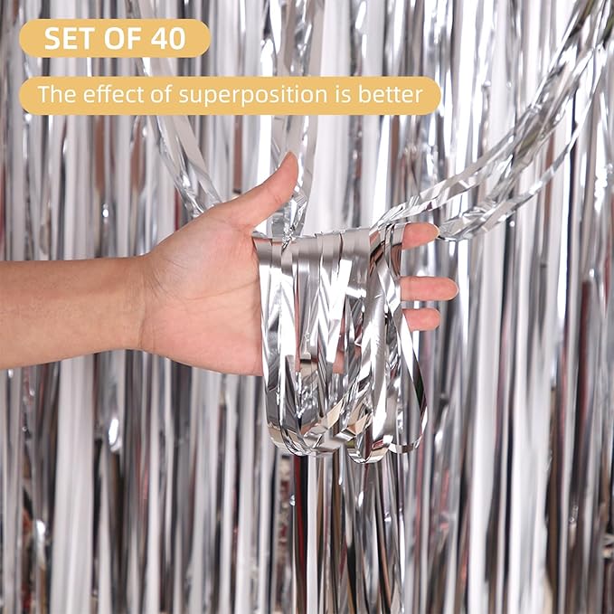 40 Pack Silver Foil Curtain Backdrop Metallic Tinsel Foil Fringe Curtains Photo Booth Props for Birthday Party Decoration Christmas Holiday Halloween New Year Party Supply