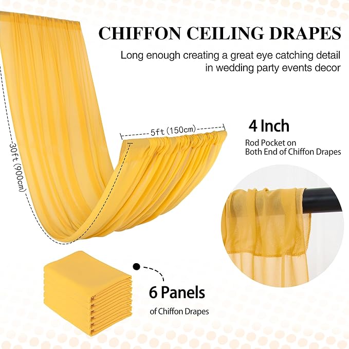 DUOBAO 6 Panels Elegant 5ft x 30ft Gold Chiffon Wedding Ceiling Backdrop Curtains - Sheer Drapes for Stage, Tent, and Photo Backdrops
