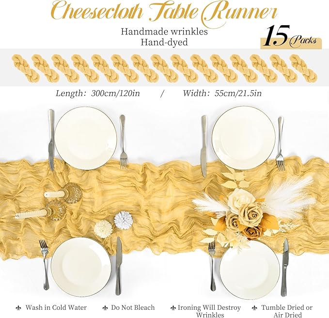 15 Packs Cheesecloth Table Runner Gold,10 Ft Rustic Gauze Boho Wedding Table Runner Decoration, Wedding Table Decor Table Cloth for Party Bridal Shower Table,21.5x120in