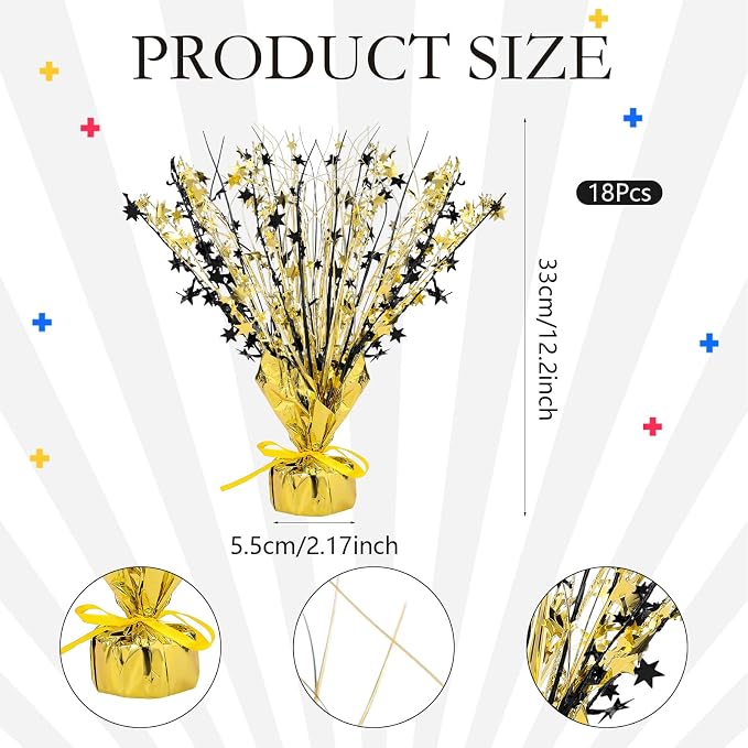 Crowye 18 Pcs Foil Spray Centerpiece Table Decoration Party Star Burst Metallic Graduation Table Centerpieces for Spring Party Birthday Season Wedding Holiday(Black Gold)