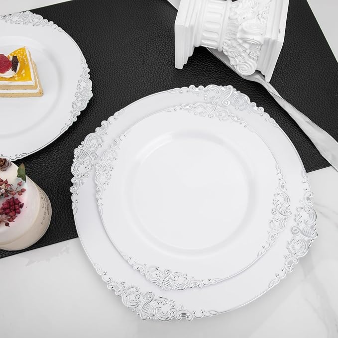 102PCS White and Silver Plastic Plates - Heavyweight Silver Plate - Wedding Plate with Silver Rim - Fancy Dinner & Dessert Plates for 51 Guests Weddings & Parties (Pack of 2)