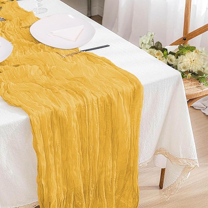12 Pack Gold Cheesecloth Table Runner, 35x120 Inch Mustard Boho Gauze Table Runner 10ft Rustic Sheer Cheese Cloth Runners for Bridal Shower Wedding Party Baby Shower Table Decor