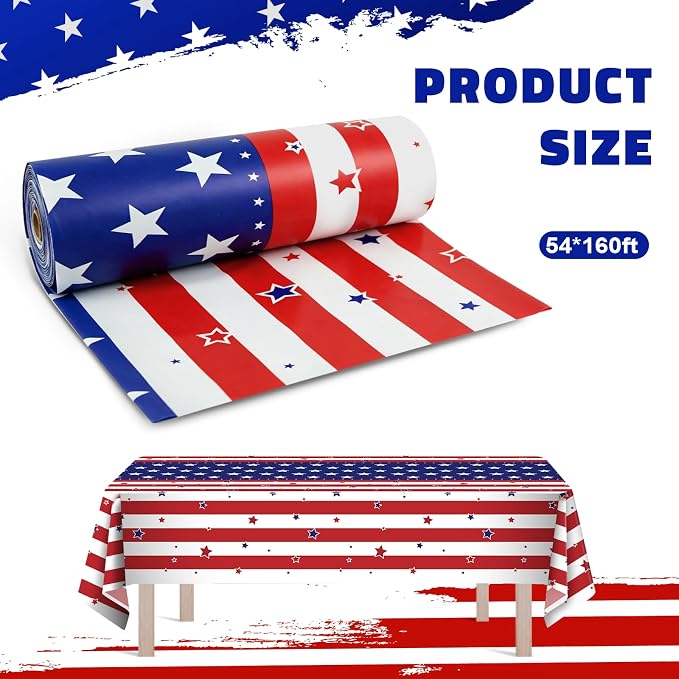54IN X 160FT Patriotic Tablecloth for 4th of July Independence Day Decorations,Tablecloth Roll with Cutting Box,Memorial Day Decorations, Veterans Day Supplies