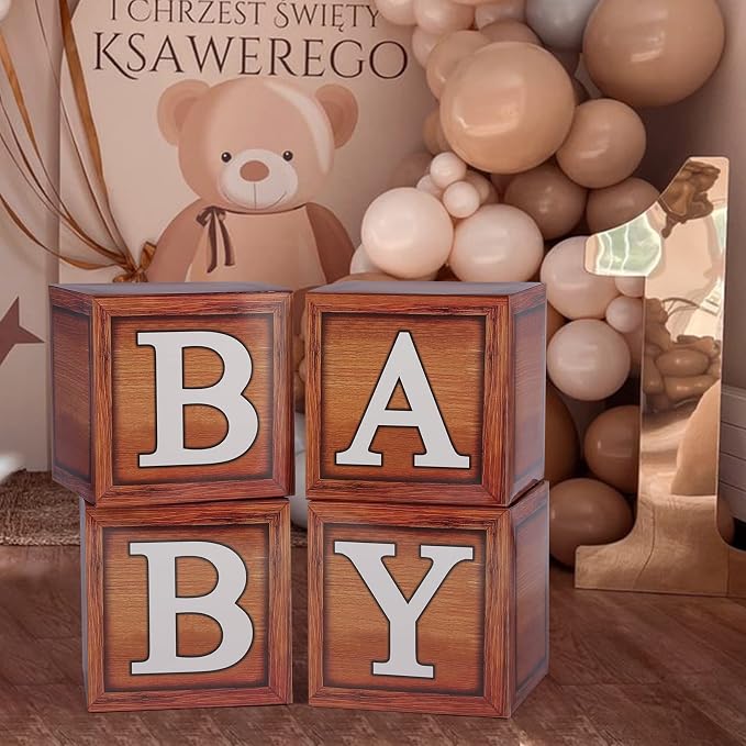 Voircoloria Baby Shower Decorations - Boxes with Letters for Gender Reveal (Wood) - 4 Balloon Boxes Included