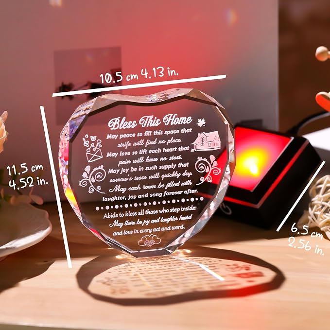 Crystal House Warming Gifts Bless This Home Heart-shaped Plaque with LED Light Base for Women Men Meaningful New Home Gifts Ideas for Family