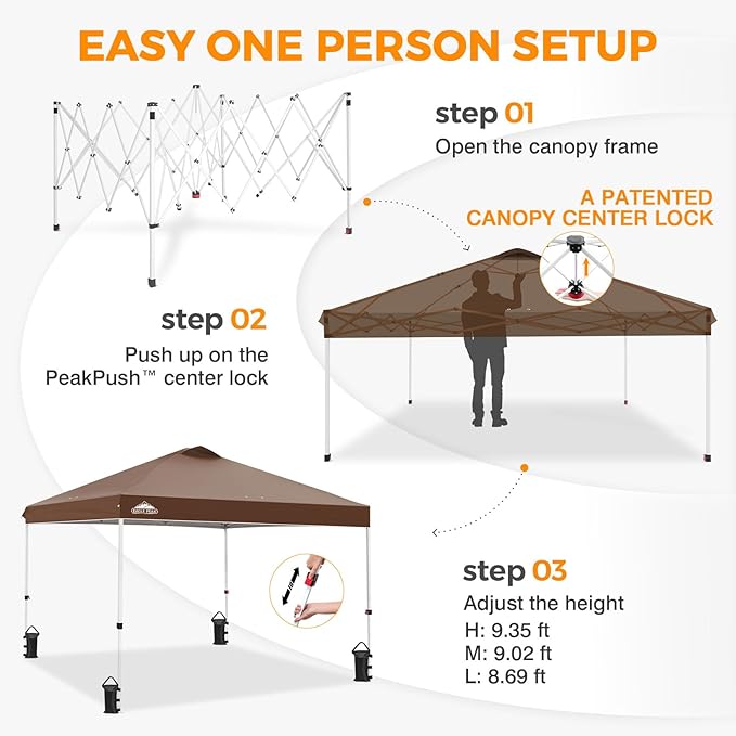 EAGLE PEAK Pop Up Canopy Tent with Wheeled Carry Bag, 8 Stakes, 4 Ropes, 4 Weight Bags, Easy Set Up Tent Canopy, 10x10 ft, 100sqft of Shade, Dark Brown