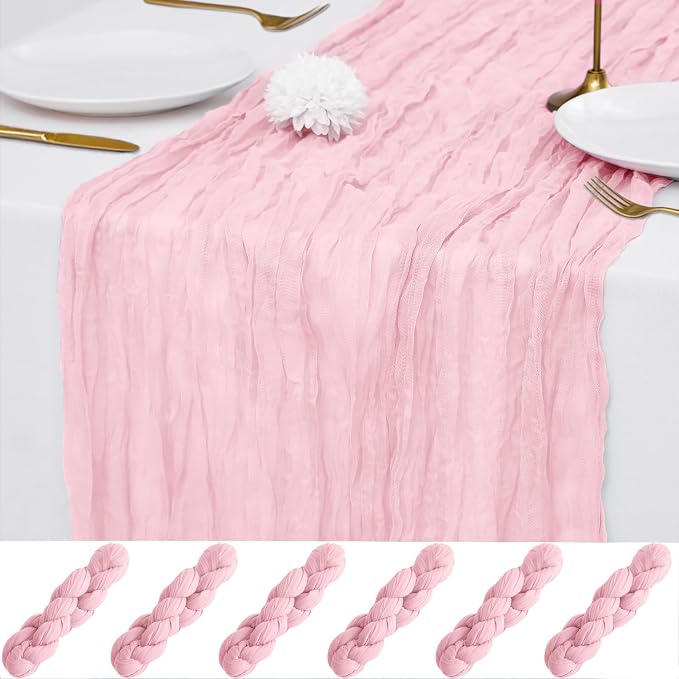 6 Pack Light Pink Cheesecloth Table Runner 21x120 Inches, Boho Gauze Rustic Semi Sheer Cheese Cloth Table Runners for Easter Wedding Bridal Baby Shower, Birthday Party, Long Farmhouse Table Decor